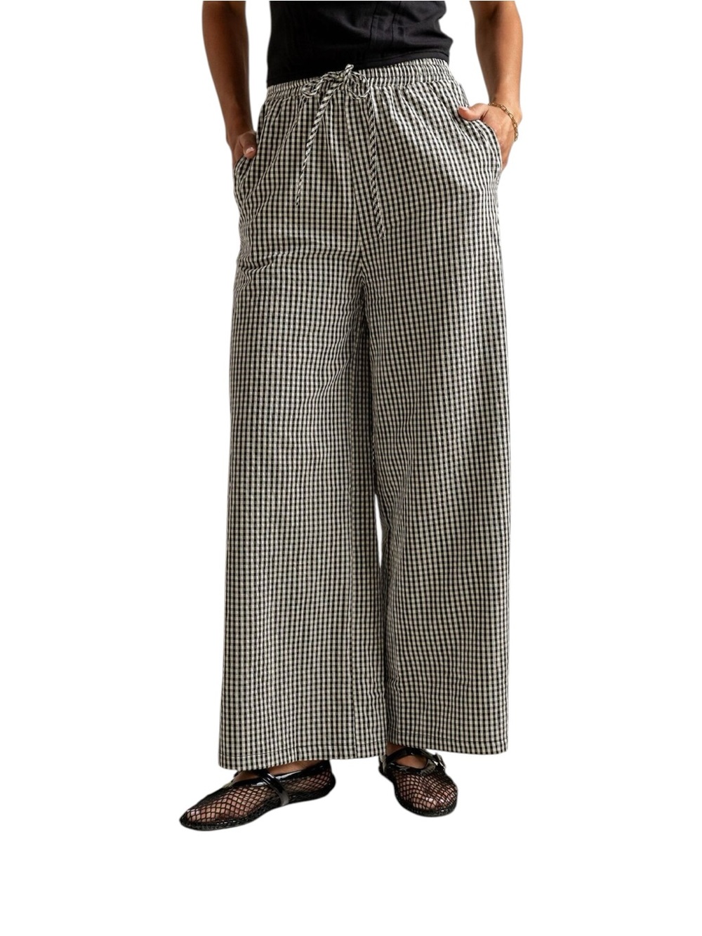 NEW Lovelet Black Print Wide Leg Casual Pants Seersucker Summer Flowy